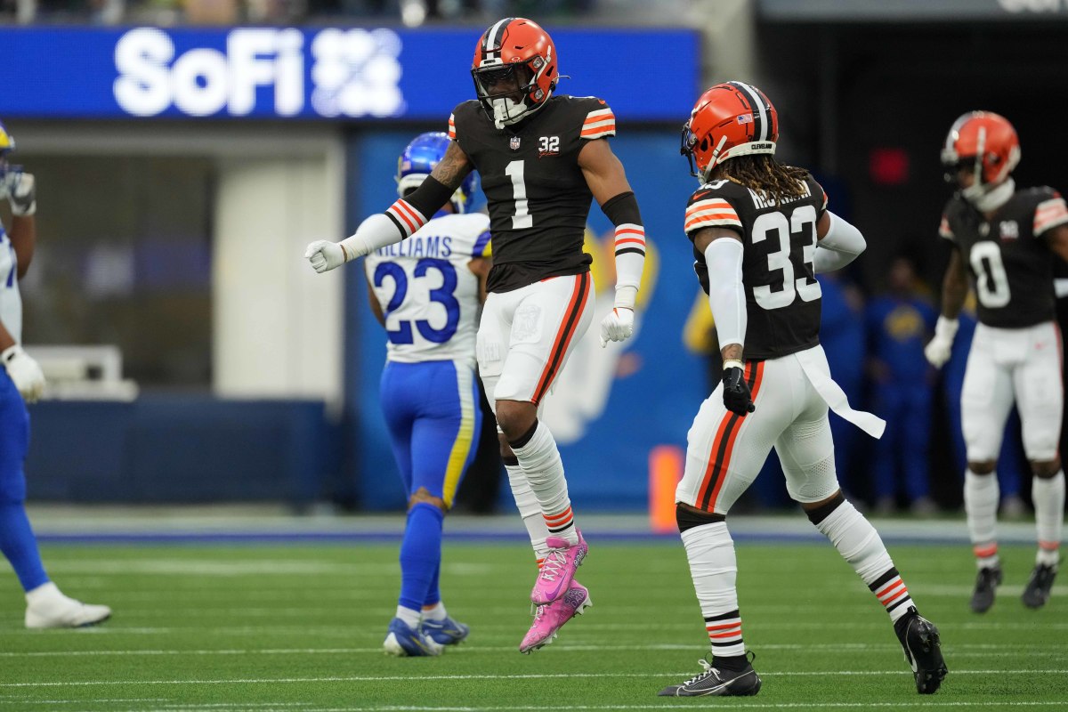 Dec 3, 2023; Inglewood, California, USA; Cleveland Browns safety Juan Thornhill (1) and safety Ronnie Hickman (33) celebrate against the Los Angeles Rams in the first half at SoFi Stadium.